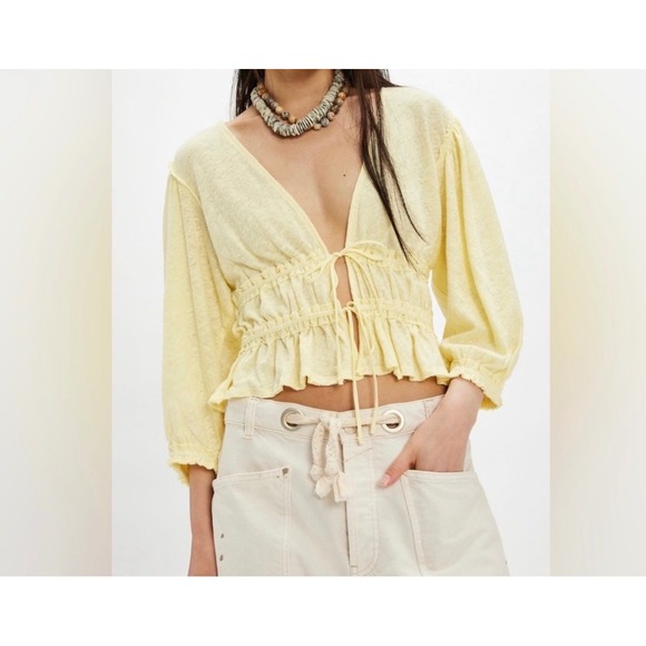 Free People Tops - Free People let's go Yellow Tie Front Blouse XS